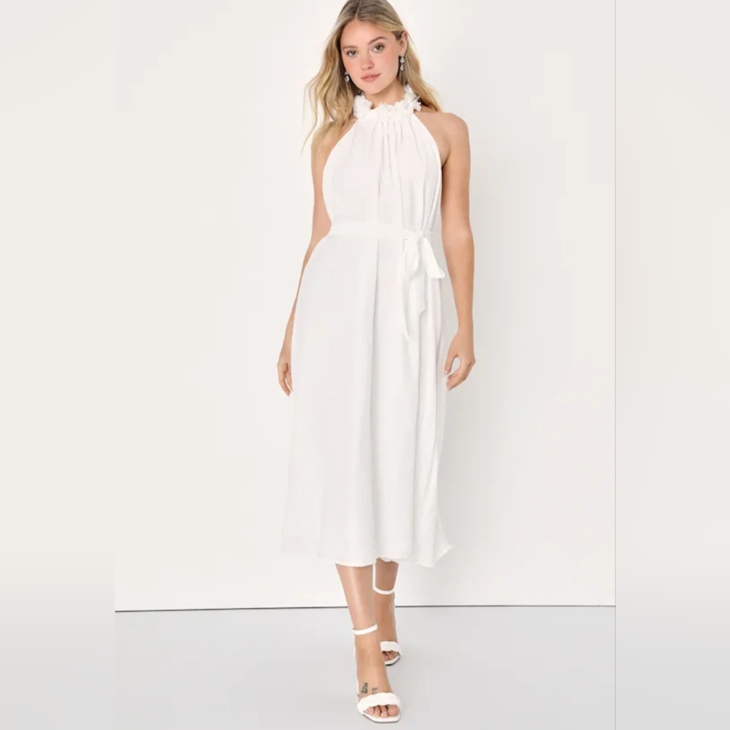 Lulus Angelic Outlook White 3d Floral Halter Shift Midi Dress Womens Size Small